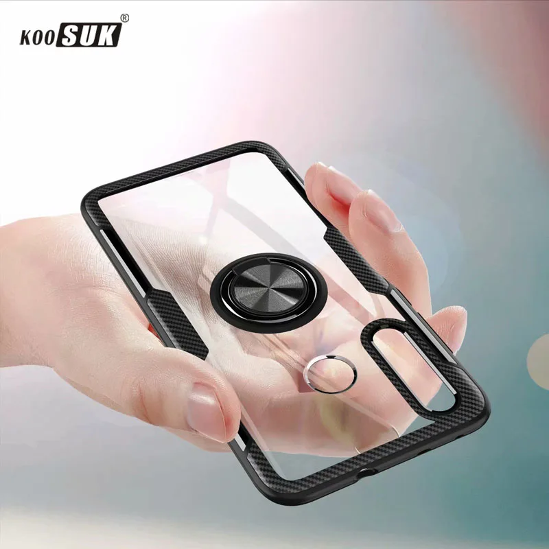 

POCO F2 Luxury Transparent Casing For Xiaomi POCOPhone F2 Case Cover PC+Carbon Fiber Full Protection Ring Phone Shell 6.39inch