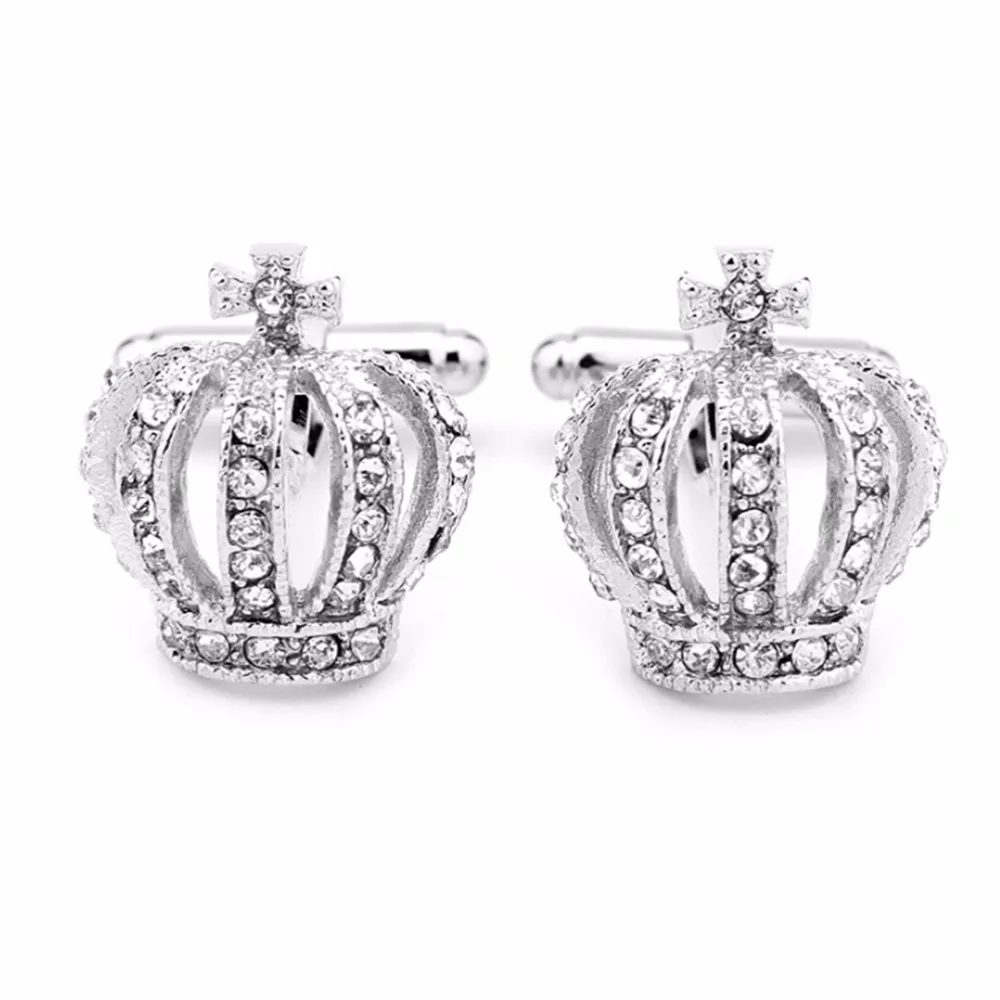 

New 1Pair Gold Silver Blue Color Vintage Wedding Gift Shirt Cufflinks Cuff Links Men's Alloy Crystal Crown Cufflinks Men Jewelry