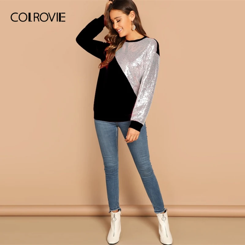  COLROVIE Black Sequin Patched Cut-And-Sew Casual Pullover Women Clothes 2019 Spring Long Sleeve Swe