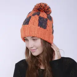 Для женщин зимняя шапка с помпонами Повседневное Ladies Skullies шапочки плед Кепки стильный женский крючком шапочка теплая вязать Шапки Обувь