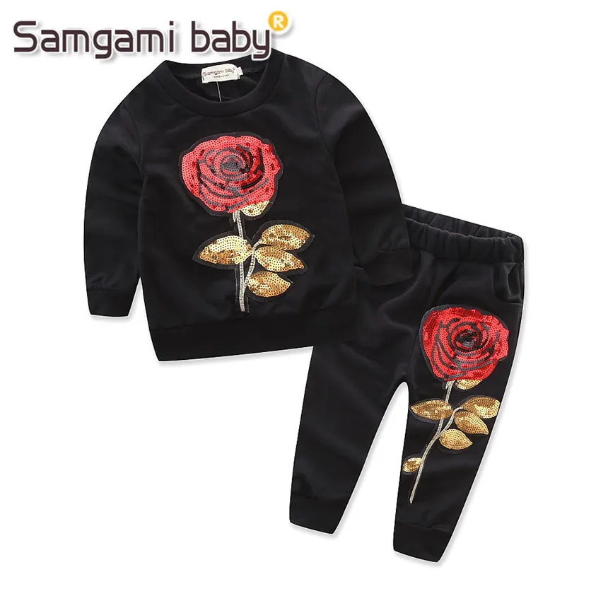 SAMGAMI BABY Girls Clothing Sets 2018 Winter Wool Sportswear Long Sleeve Rose Floral Embroidered Sequinsets Kids | Мать и ребенок