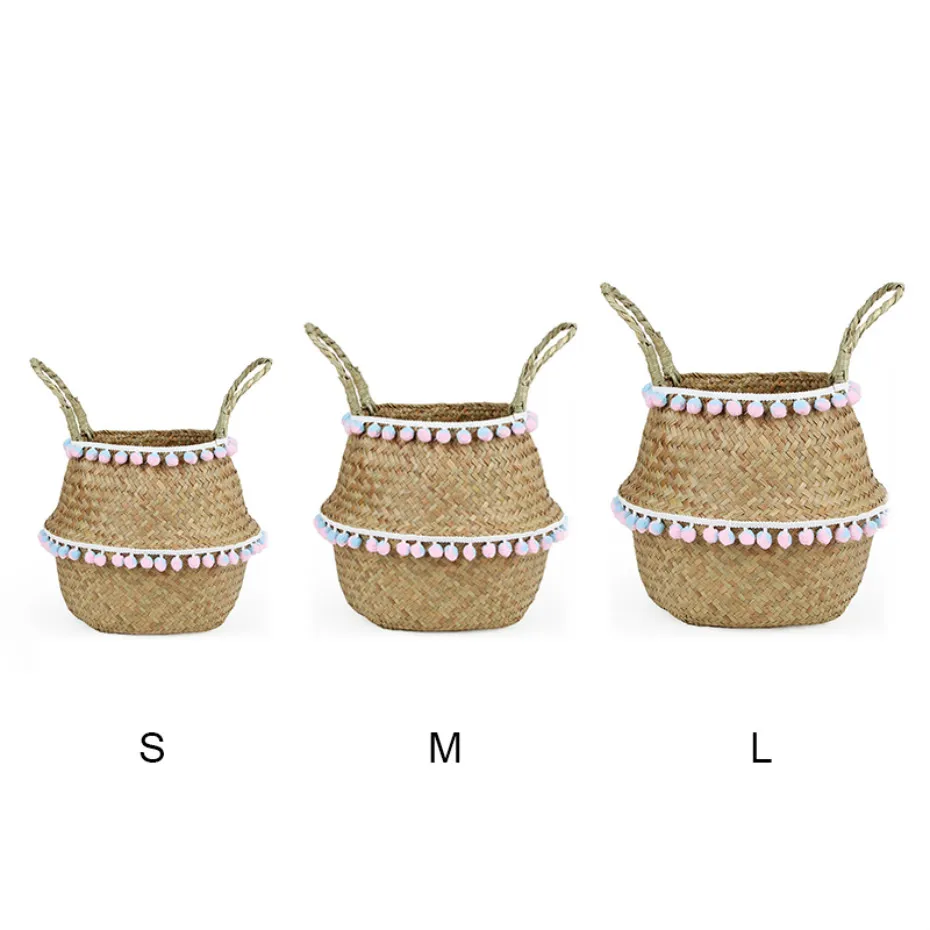 3pcs Set Storage Baskets Foldable Laundry Straw Patchwork Wicker Rattan Seagrass Woven Basket Belly Garden Planter Basket