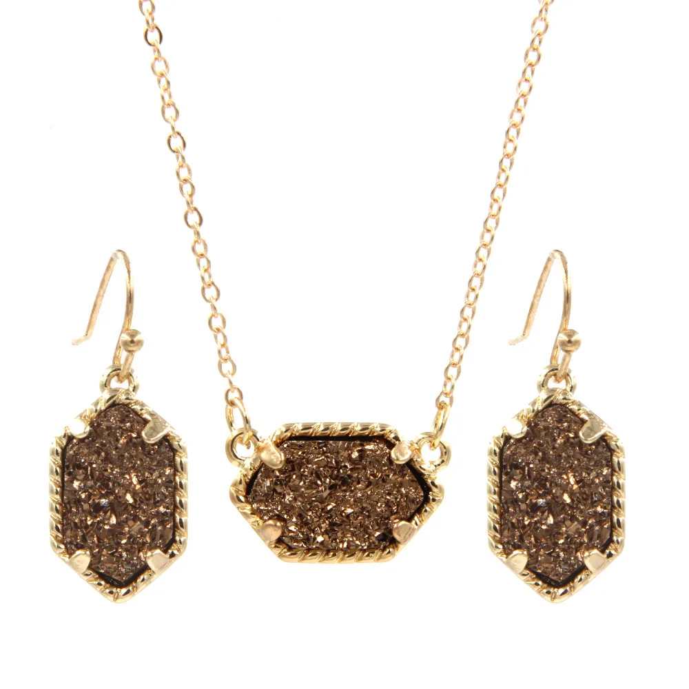 

Wholesale 6 Set Lot Chic Bijoux Mini Iridescent Drusy Stone Statement Drop Earrings + Druzy Pendent Necklace Copper Jewelry Set