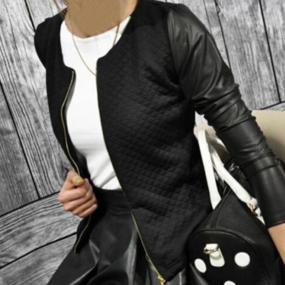 Very best Women PU Leather Casual Zip Long Sleeve Chic Stylish Top Outwear Parka Zipper Patchwork Baseball Ja