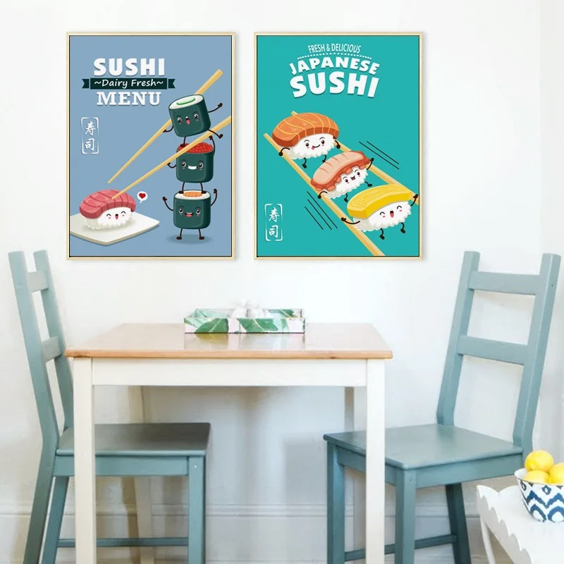 Милая забавная японская суши живопись на холсте, мультфильмы настенное Искусство Плакат и печатная графика Ресторан Кухня оформление дома модульный рисунок