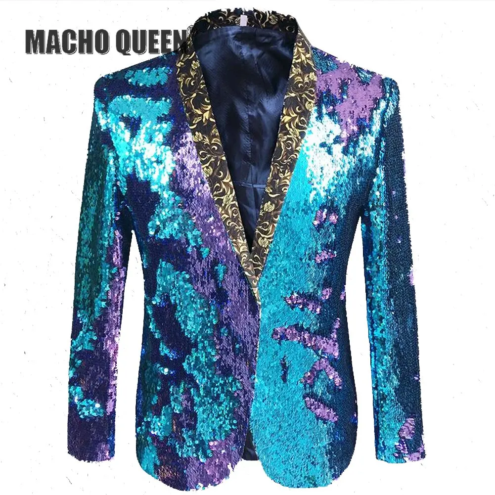 

Holographic Iridescent Mermeid Sequin Jacket Coat Male costumes Prom Wedding Groom Outfit Singer Party Stage Wear
