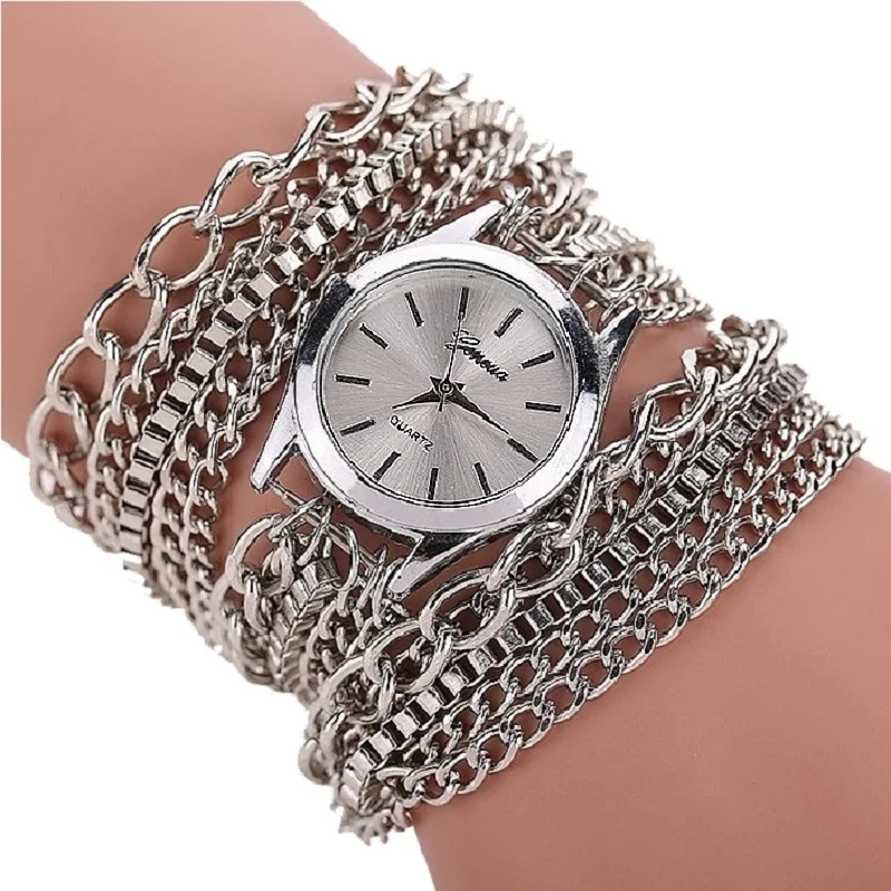 

Gnova Platinum Golden Chain Women Watch Large Bracelet Wristwatch Fashion Quartz Clock Black Dial Pink Silver A724