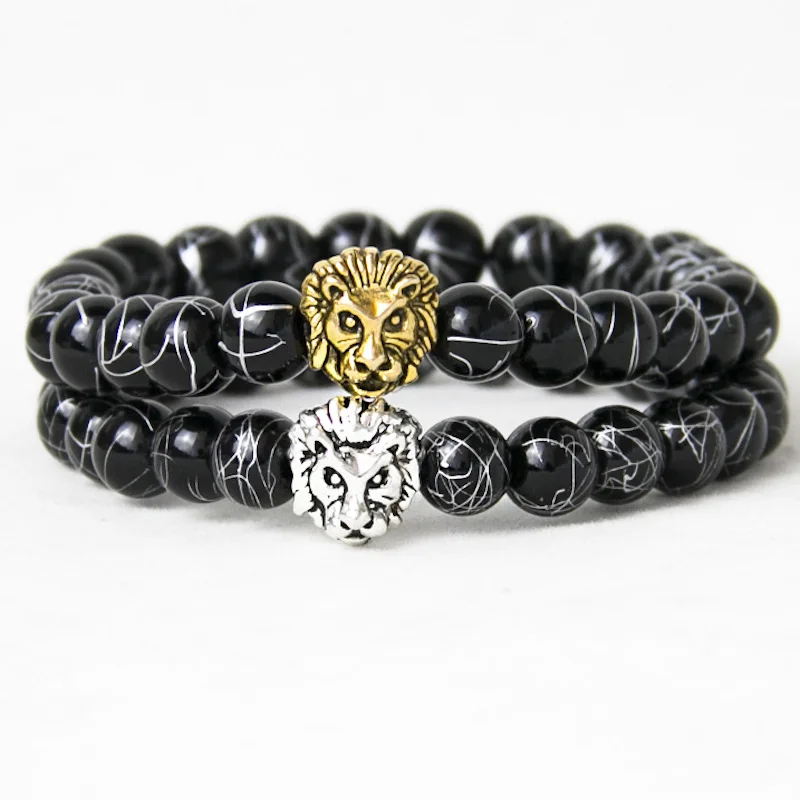 Gold Silver Plated Lion Head Bracelet Men Black Stone Bead Bracelets