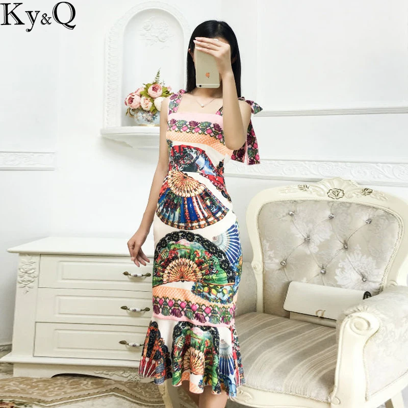 

2018 Brand Summer Vintage Midi Dress Strap Women Sleeveless Fan Floral Printed Female Party Pencil Dress Long Vestidos Clothing