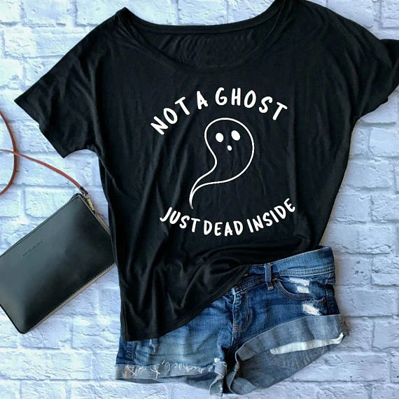 Футболка с надписью «NOT A GHOST JUST DEAD INSIDE», женская модная забавная хлопковая Повседневная футболка унисекс с рисунком на Хеллоуин, grunge tumblr, топы, футболка - Цвет: Black - white txt