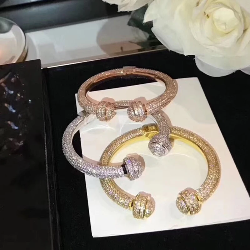 

Luxury Brand Pure 925 Sterling Silver Jewelry For Women Rose Gold Full Stone Bangle 2 Ball Bangle Wedding Jewelry Spring Bangle
