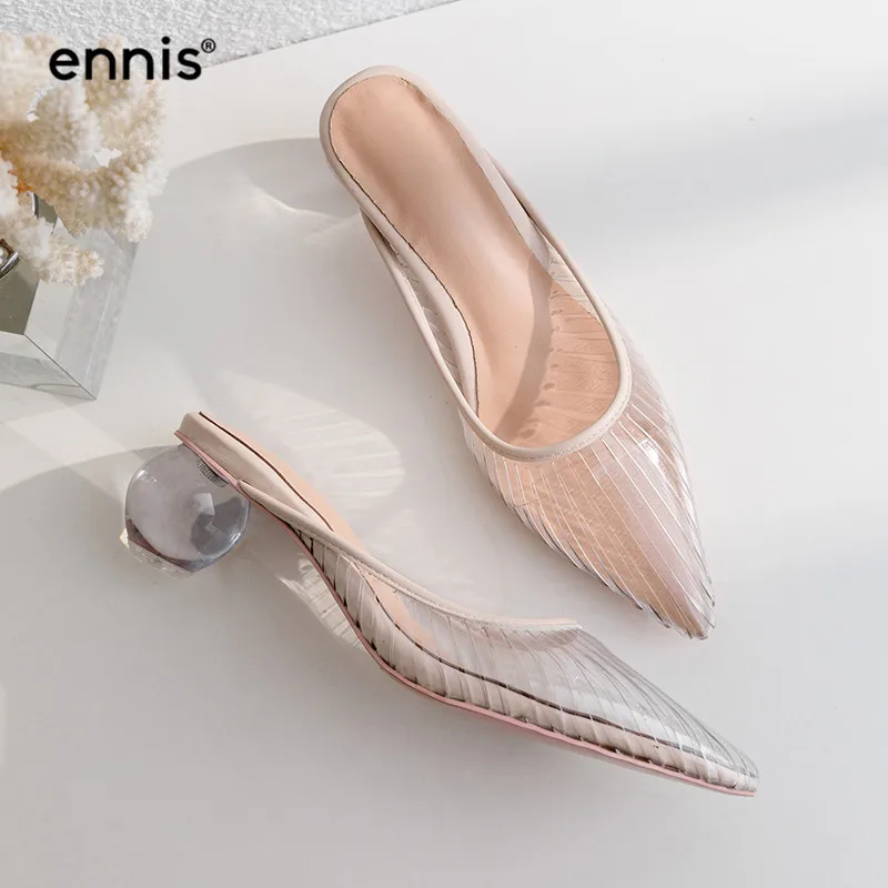 

ENNIS 2019 Female Slippers Summer Jelly Shoes Women Pointed Toe Sandals Mules Transparent High Heels Slippers Rome Shoes M961