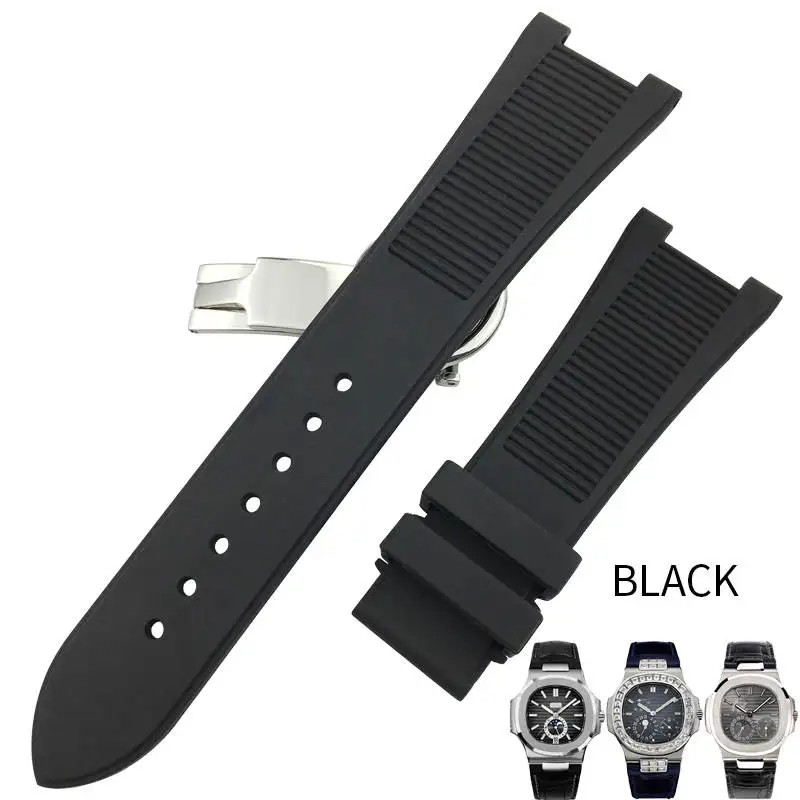 25 мм резиновые силиконовые часы ремешок черный коричневый водонепроницаемый складной ремешок для часов с пряжкой подходит для PATEK k часы серии - Цвет ремешка: black