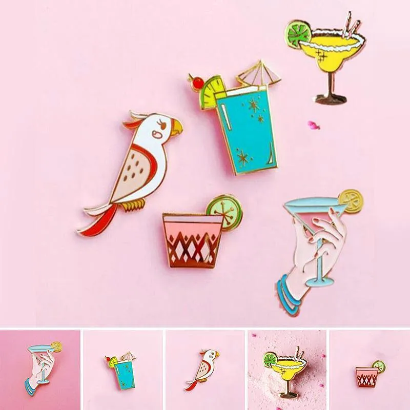 

Hot Beach Style Cute Parrot Birds Summer Drink Metal Brooch Kid School Cartoon Pins Button Pins For Women Girl Jewelry