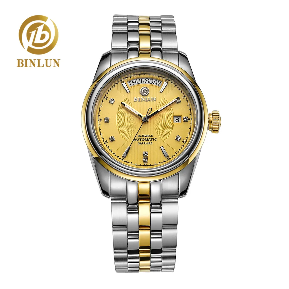 

BINLUN Men's Watches Automatic Luxury Classic Week Display Diamond Golden Dial watch Male Waterproof Mechanical Wristwatch