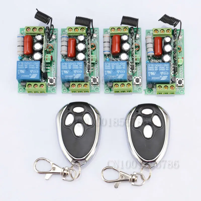 

AC220V 1CH 10A Wireless Remote Control Relay Switch System RF 4 Receivers+2Transmitter For LED Light Lamp FreeShipping