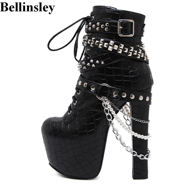 Botines negros para las mujeres grueso tacones altos plataforma cadena  bolas Lace Up cuero botas cortas remaches zapatos de las señoras|Botas  hasta el tobillo| - AliExpress