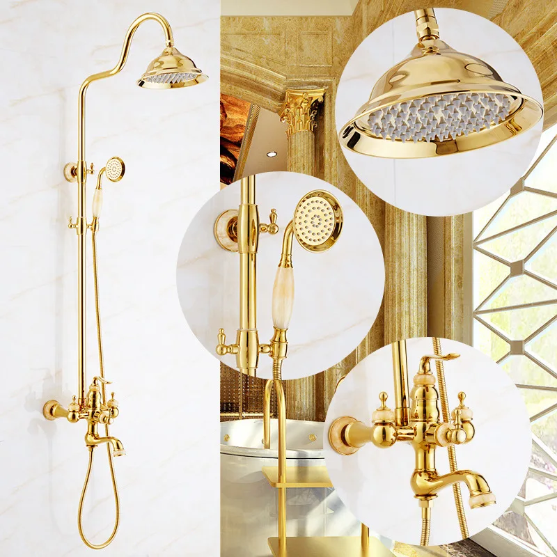 

Brass and Jade Shower Faucet Luxury Brass Rain Shower Set Wall Mount Gold Bathroom Faucet With Slide Bar Bathtub Faucet
