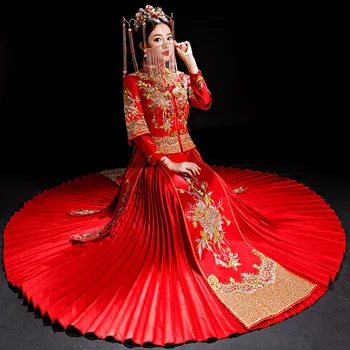 

New Arrival Women Marriage Suit Exquisite Rhinestone Cheongsam Royal Evening Pleated Dress Luxurious Ancient Bride Wedding Qipao