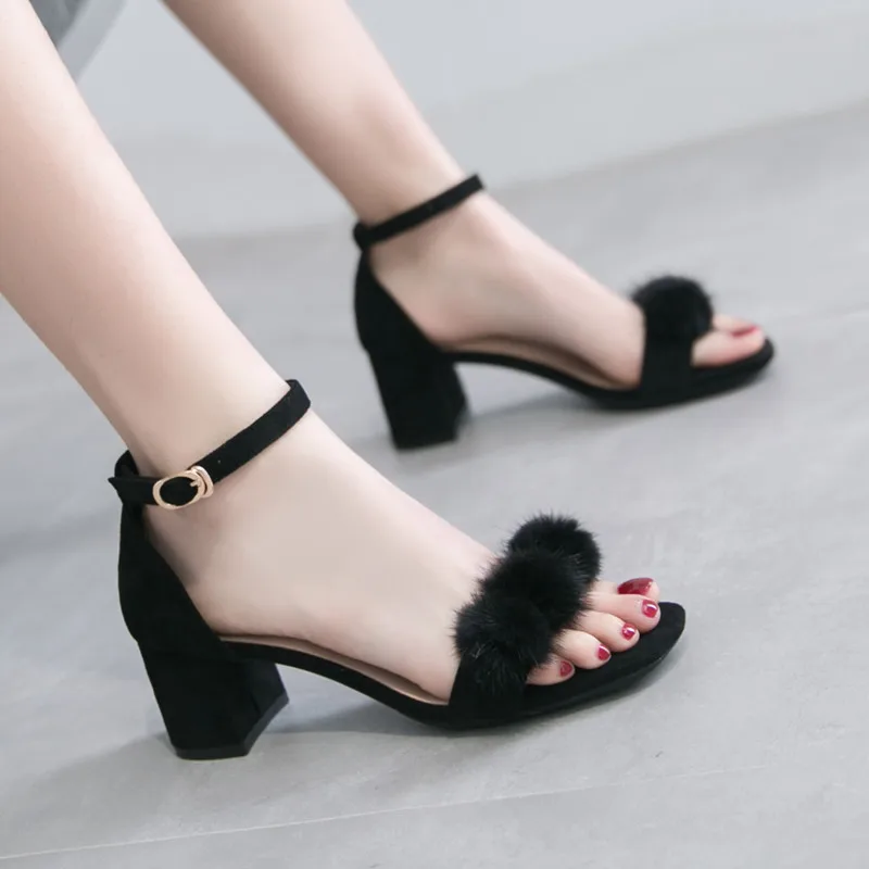 

Thick with fur ball sandals female 2019 new wild word with high heels