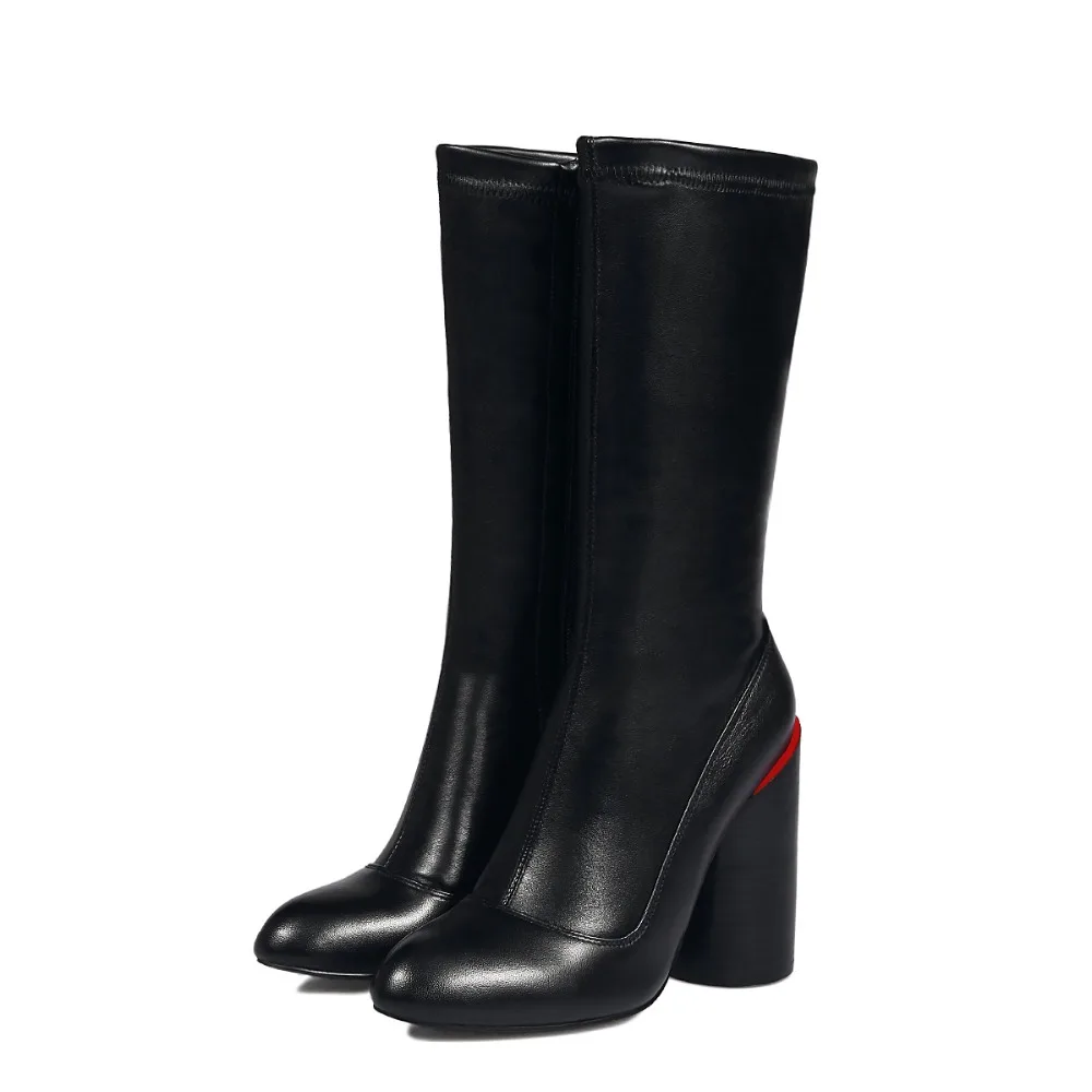 fashion black boots women winter 2016 women’s boots ankle boot new fashion autumn Genuine Leather Mid-Calf Round Toe Square heel