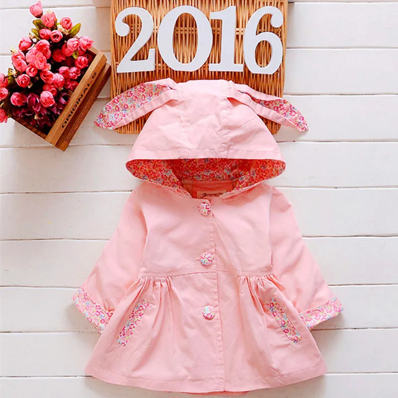 

New Arrival Spring Autumn Babt Coat 2016 Long Sleeve Cartoon Hooded Baby Girls Jackets&Coats 3 Colors For 1-4 Years Baby Outwear