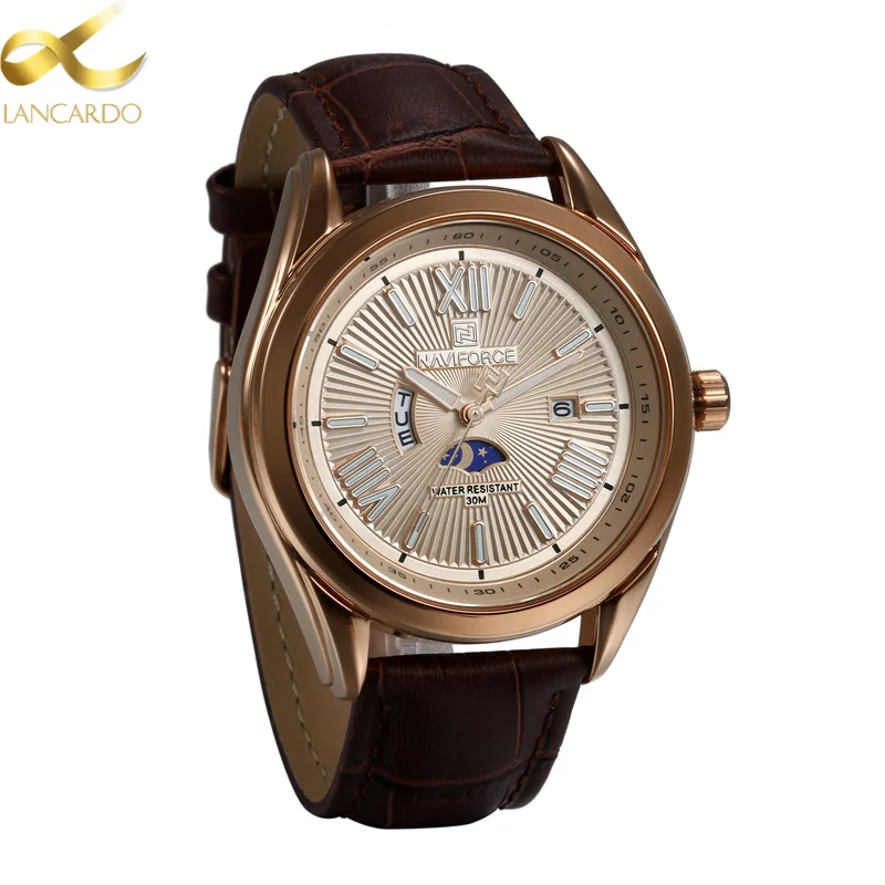 Lancardo Moon Phase/Back Light Leather Watch Man Business Luxury Black Wrist Watch For Men Clock Fashion Dress Sport Men