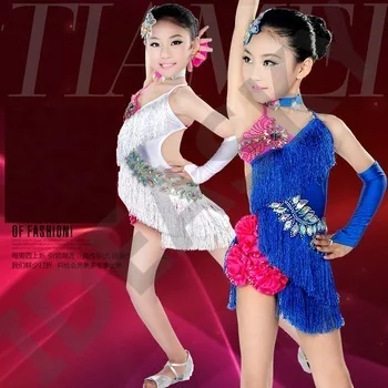 child tassels Latin Dance Ballroom Girls Samba salsa dresses sequin Costumes Children white tango dress for kids latino cha cha