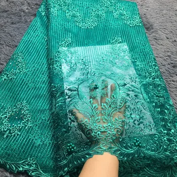 

New African Lace Fabric,2018 Embroidered Nigerian Laces Fabric,Teal Gold High Quality French Tulle Lace Fabric For Wedding Lace