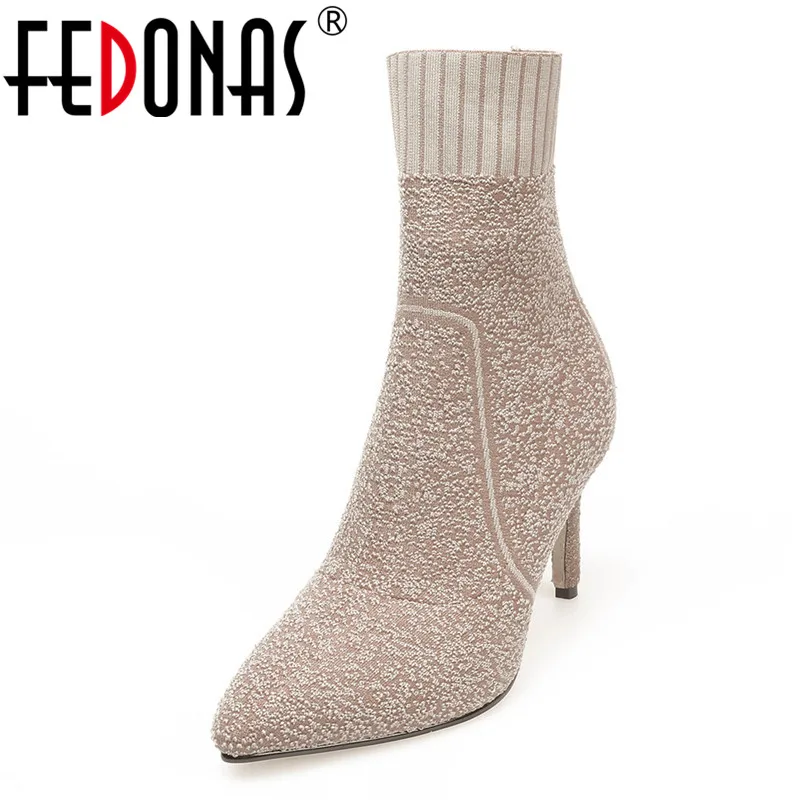 

FEDONAS Fashion Brand Women High Heeled Ankle Boots Stretch Fabric Pointed Toe Wedding Party Shoes Woman Martin Shoes Pumps