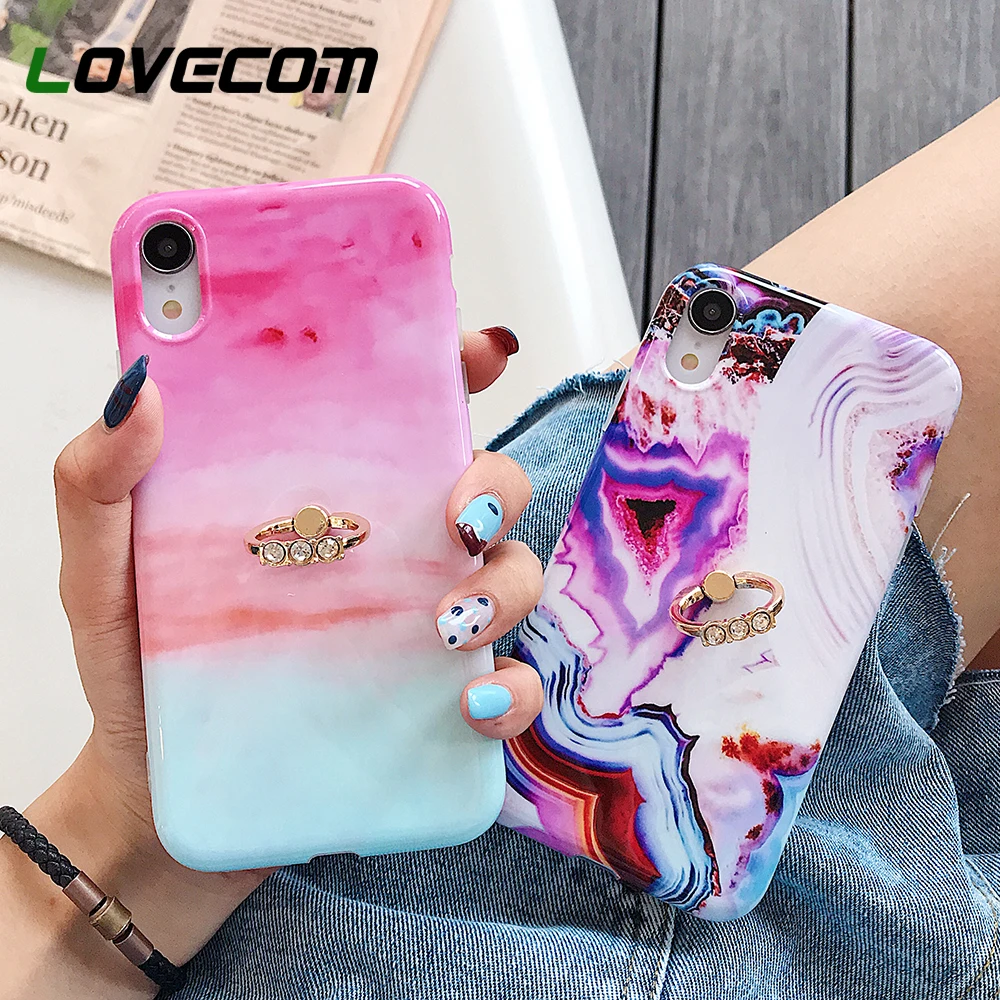 

LOVECOM Phone Case For iPhone XR XS Max 6 6S 7 8 Plus X Gradual Color Glossy Marble Soft IMD Back Cover Coque With Finger Ring