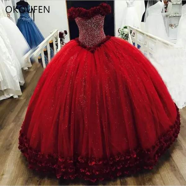 Bling Sequins Crystal Off Shoulder Red Quinceanera Dresses Flowers Long Puffy Ball Gown Major Beading Girls Sweet 16 Party Birthday 2017-