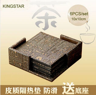 

10x10 cm 6PCS/set square PU leather coffee cup coaster pad bar table mats coasters embossed ancient Egyptian patterns placemat