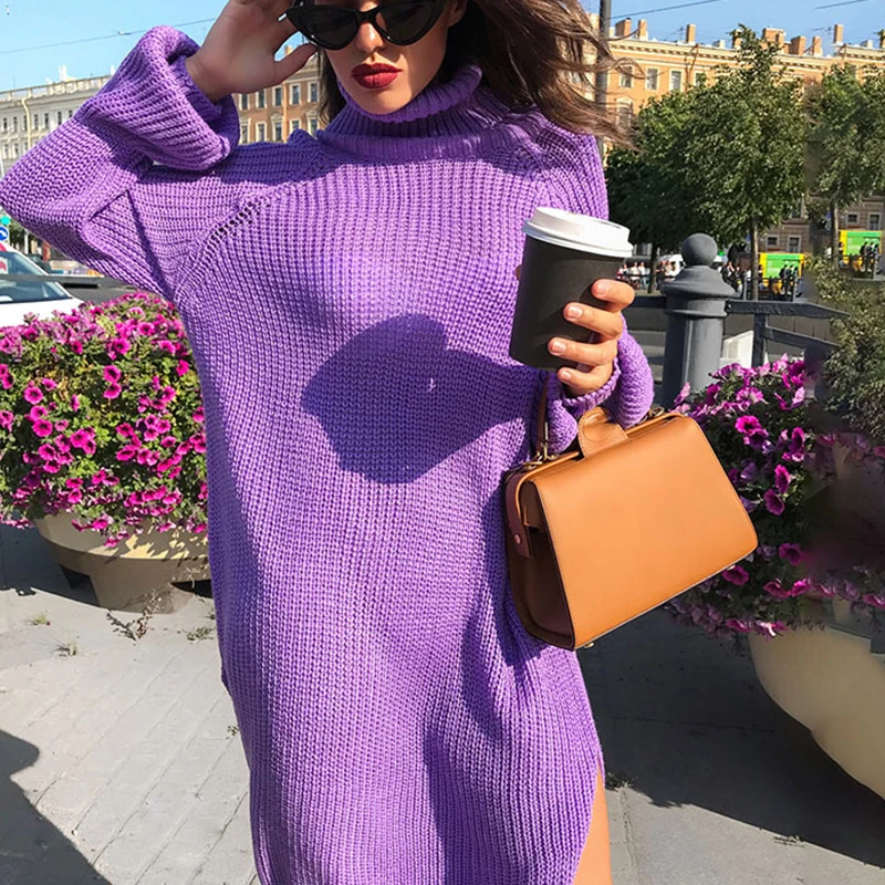 Women Purple Knitted Sweater Autumn Winter New 2019 Fashion Hem Split Loose Casual Pullover Turtleneck Long Sweater 154