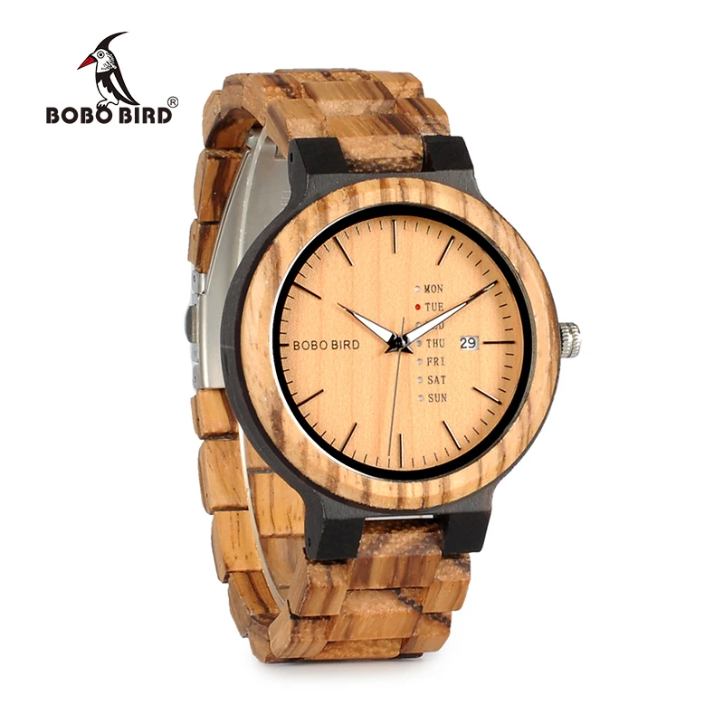 BOBO BIRD WO26 Zebra Wood Watch for Men with Week Display Date Quartz Watches Classic Two-tone Wooden Drop Shipping