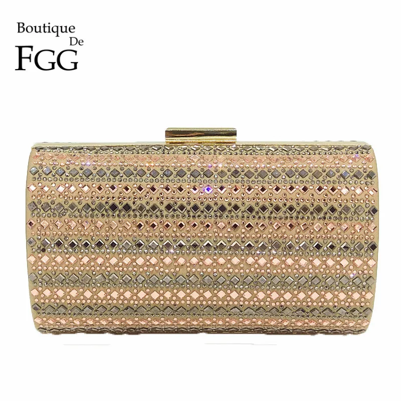 

Boutique De FGG Luxury Champagne Diamond Strip Women Evening Purse Bag Gold Metal Clutches Handbag Wedding Party Crystal Clutch