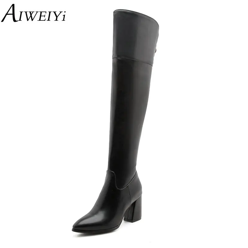 

AIWEIYi Women Over The Knee High Boots Pu Leather Square High Heel Fashion Pointed Toe Zipper Black Ladies Sexy Boots
