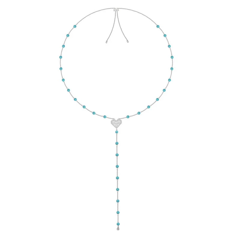 

SLJELY 925 Sterling Silver Zircon Endless Love Hollow Heart Long Necklace with Blue Beads Stones Turquesa Women Monaco Jewelry
