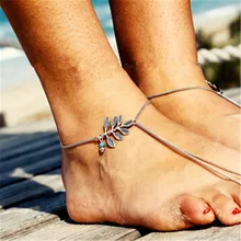 Ahmed Jewelry Fashion Leaf Bead Anklet With Ring Vintage Boho Sliver Anklets Woman 2016 New