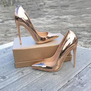 Free shipping fashion women pumps Casual rose gold patent leather point toe high heels thin heel shoes party shoes 12cm 10cm 8cm