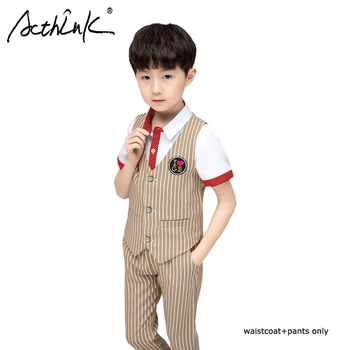 

ActhInK 2019 Summer 2Pcs Boys Striped Waistcoat Suit Vest+Pants Suit For Boys School Kids Uniform Suit Teen Boys Gentle Suit