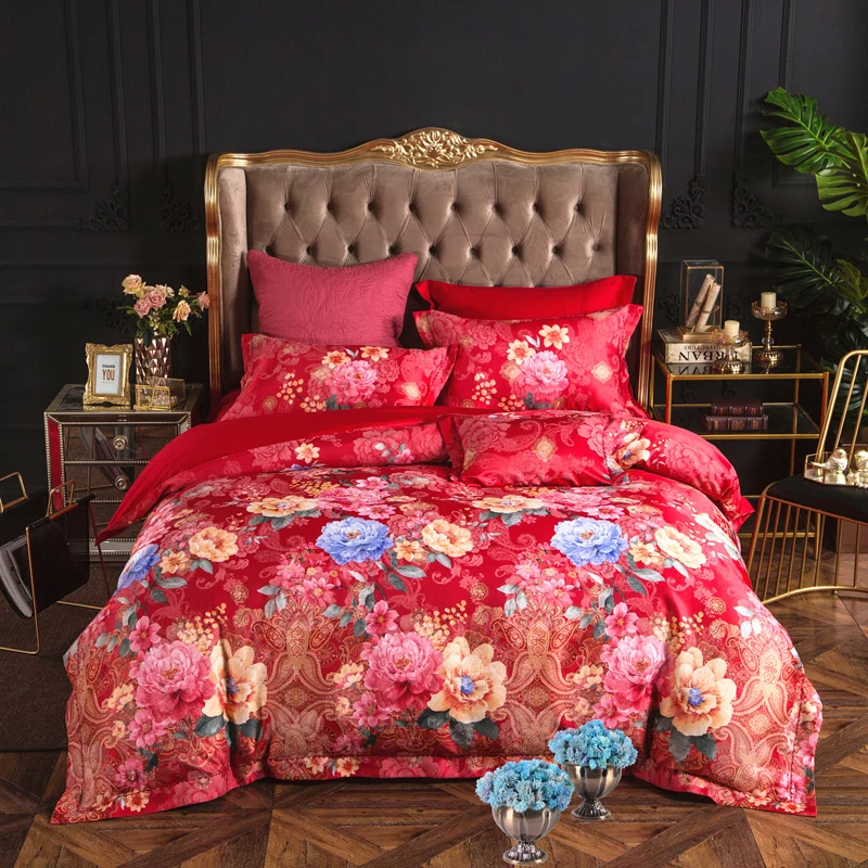 buy YeeKin 100% Cotton Satin Jacquard Floral Red Bedding King Queen Jacquard Satin Flowers Sea Princess Wedding Duvet Cover Queen