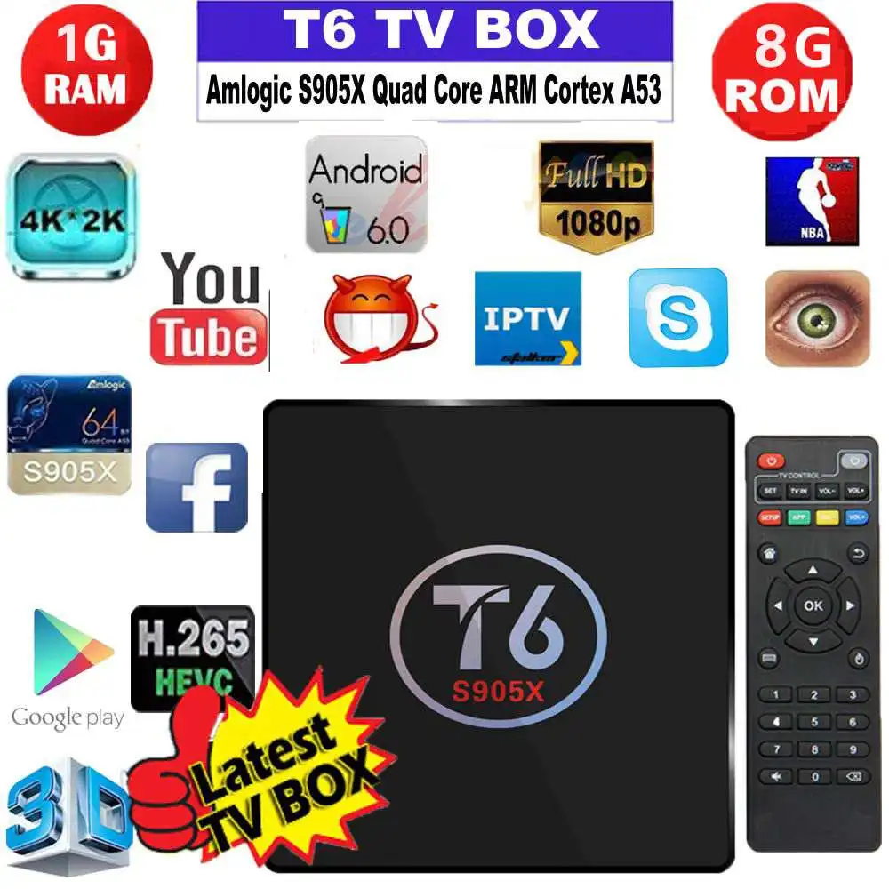 

New T6 Anroid 6.0 Smart TV Box Amlogic S905X Quad Core 1GB/8GB TV Box WiFi UHD 4K H.265 Full Loaded VP9 Media Player