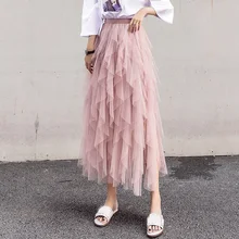LANMREM весенне-летняя модная нестандартная сетчатая Лоскутная юбка Новая эластичная высокая талия Универсальная Женская юбка YF341