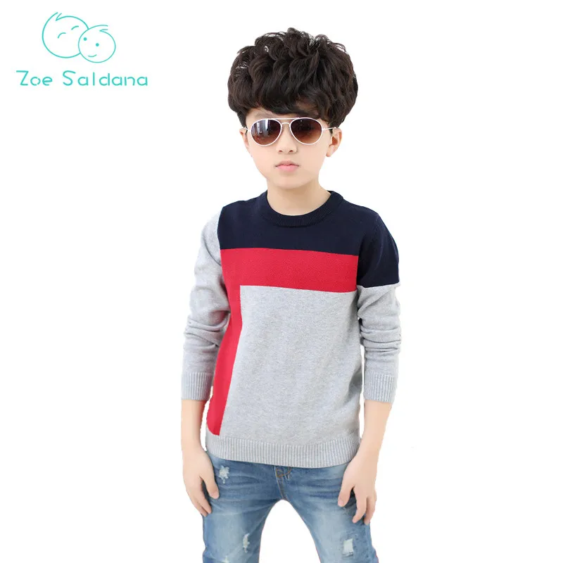 

Zoe Saldana Boy's Knitwear 2018 New Winter Baby Boy Clothes Teenager Boys Patchwork Shirts Casual Knitted Wool O-Neck Pullovers
