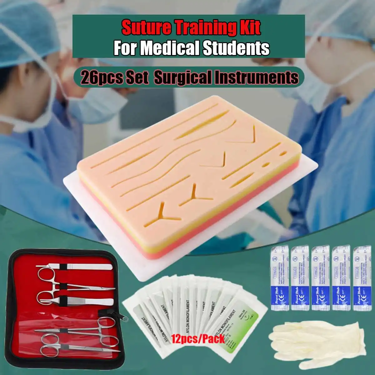

26 In 1 Medical Skin Suture Surgical Training Kit Silicone Pad Needle Scissors Silicone + Stainless Steel Soft Teaching Resource