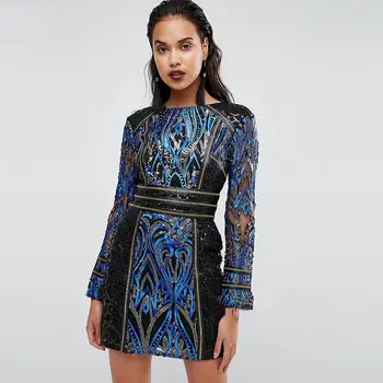 

Summer 2019 Mini Dress Sexy Celebrity Print Flare Sequined Women Full O Neck Night Club Bandage Body con Party Dresses Wholesale