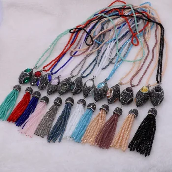 

5 pcs Bling stone necklace Mix color faceted stone with tassel necklace 30" jewelry gift necklace for women 2656