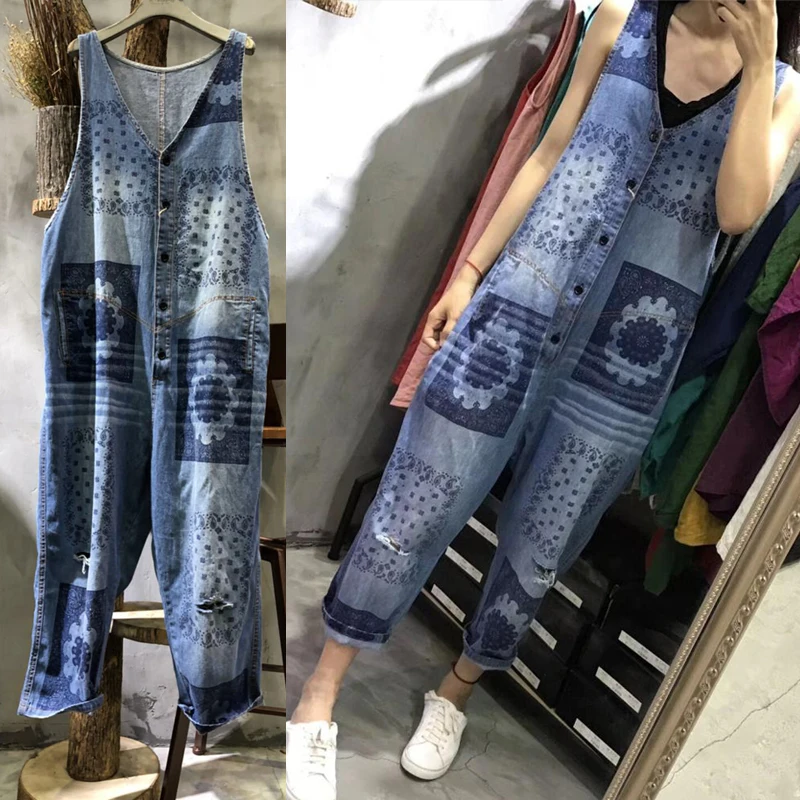 Free Shipping 2019 New Fashion Print V-neck Single-breasted Overalls Denim Loose Jumpsuits And Rompers Long Pants Spring Summer free shipping 2019 new fashion ankle length overalls denim loose jumpsuits and rompers plus size jumpsuits with holes for women