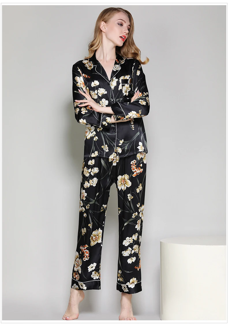 Для женщин 100% шелк пижамы для девочек демисезонный 2019 Новый женский brandblack пикантные цветочный принт двойка наборы ухода за кожей дома